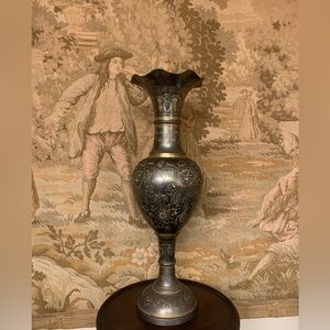 Pewter & Brass Overlay 22” Vase w Scalloped Edge